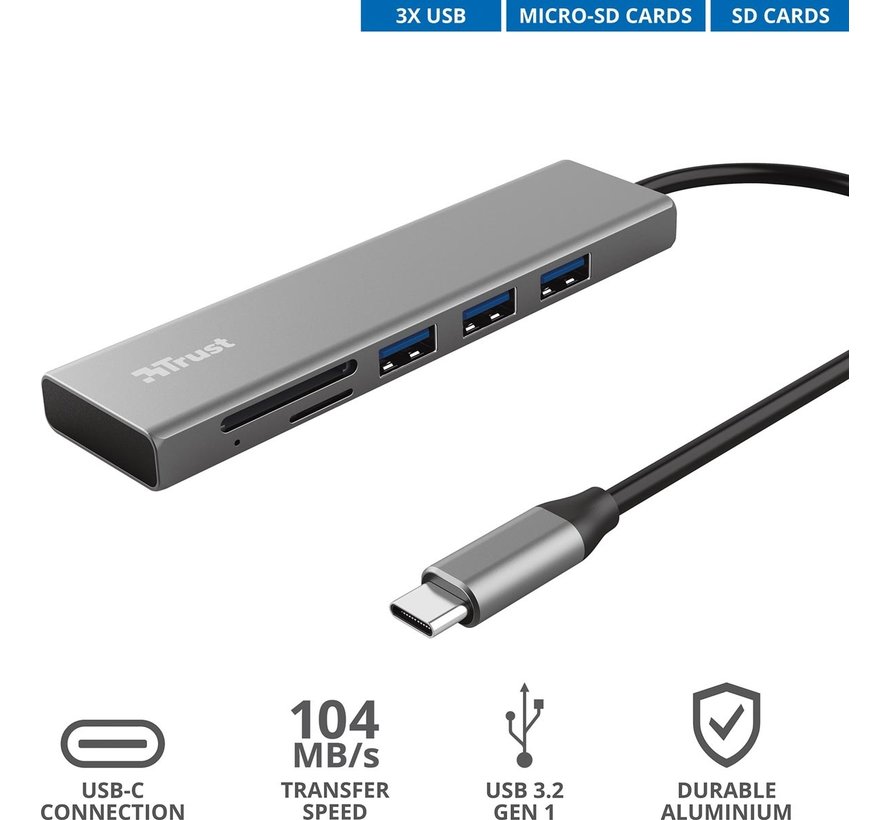 Trust - Halyx USB-C Hub - 3 ports + 2 slots pour carte de crédit