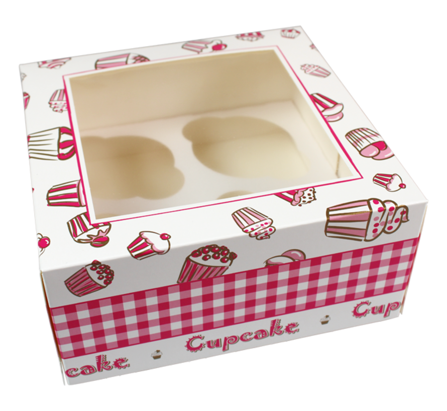 Boîte à gâteaux - Pour 4 pièces - 170x170x80mm - blanc/rose - 100 pièces