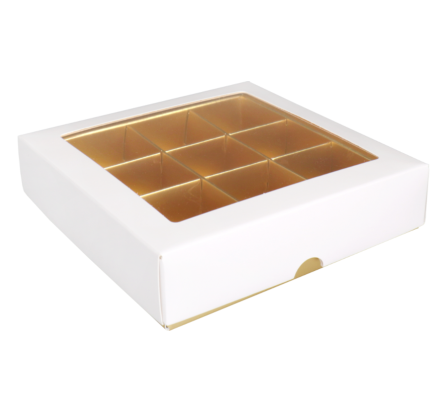 Boîte à bonbons - 9 compartiments - 105x105x30mm - blanc/or - 25 pièces