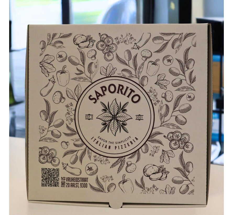 Boîte à pizza en carton ondulé blanc imprimée avec votre propre design - 33x33x4,5cm - Paquet de 100 pièces