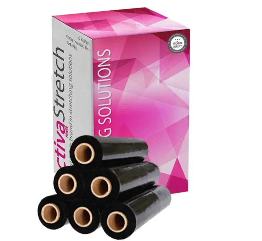 Stretchfolie Wikkelfolie Handrollen Power Zwart - Palletfolie - 6 rollen 23 my eenzijdig Klevend Zwart - 50 cm x 300 m