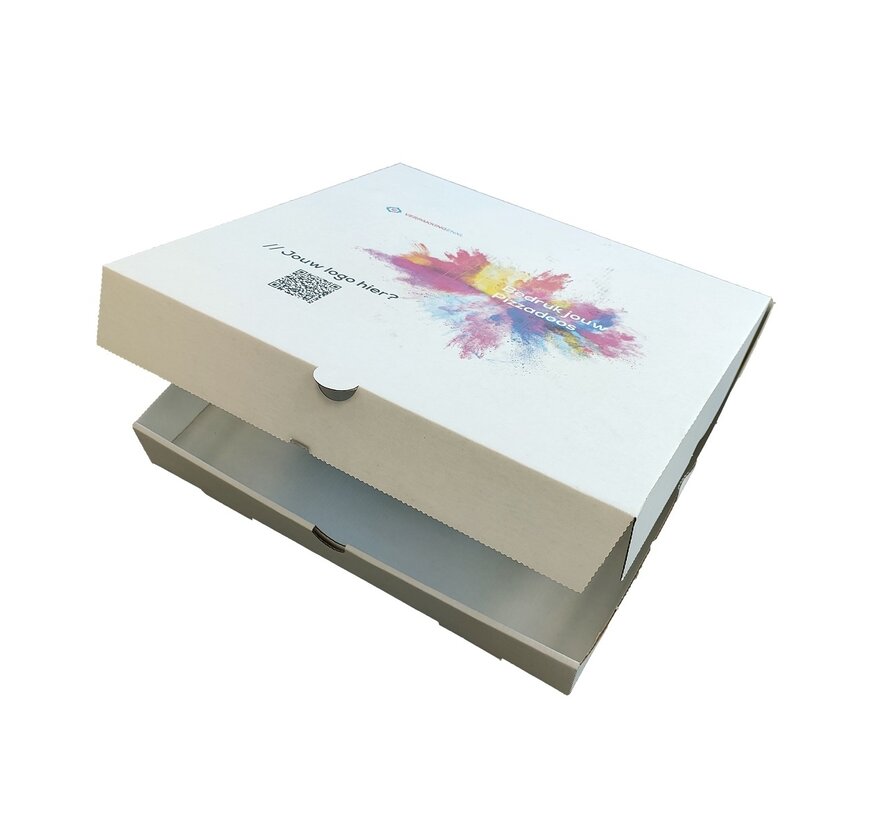 Boîte à pizza en carton ondulé blanc imprimée avec votre propre design - 33x33x4,5cm - Paquet de 100 pièces