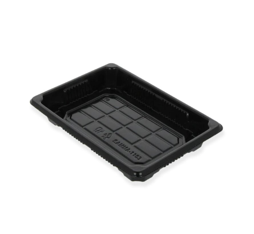 Plateau à sushi noir PS – 185 x 133 x 22 mm – Boîte de 600 pièces