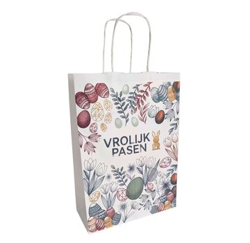 Sac de transport Pâques - Sac en papier blanc avec impression Pâques - 25 x 15 x 32 cm - Boîte de 100 pièces