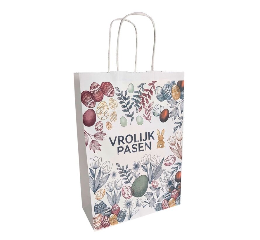 Draagtas Pasen - Witte papieren tas met Paasprint - 25 x 15 x 32 cm - Doos met 100 stuks