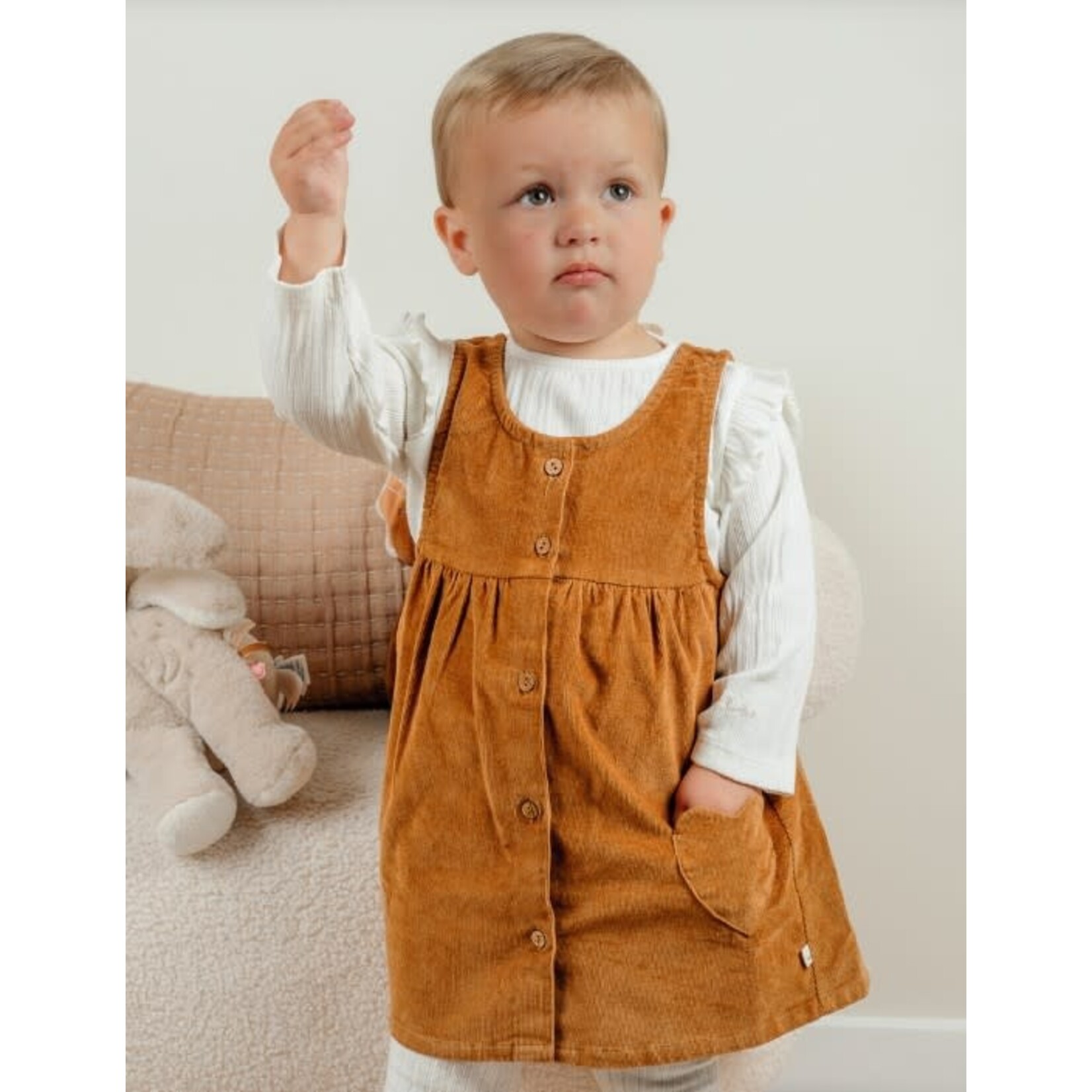 Noukie's Noukie's - Set van bruin corduroy kleedje + wit tshirt