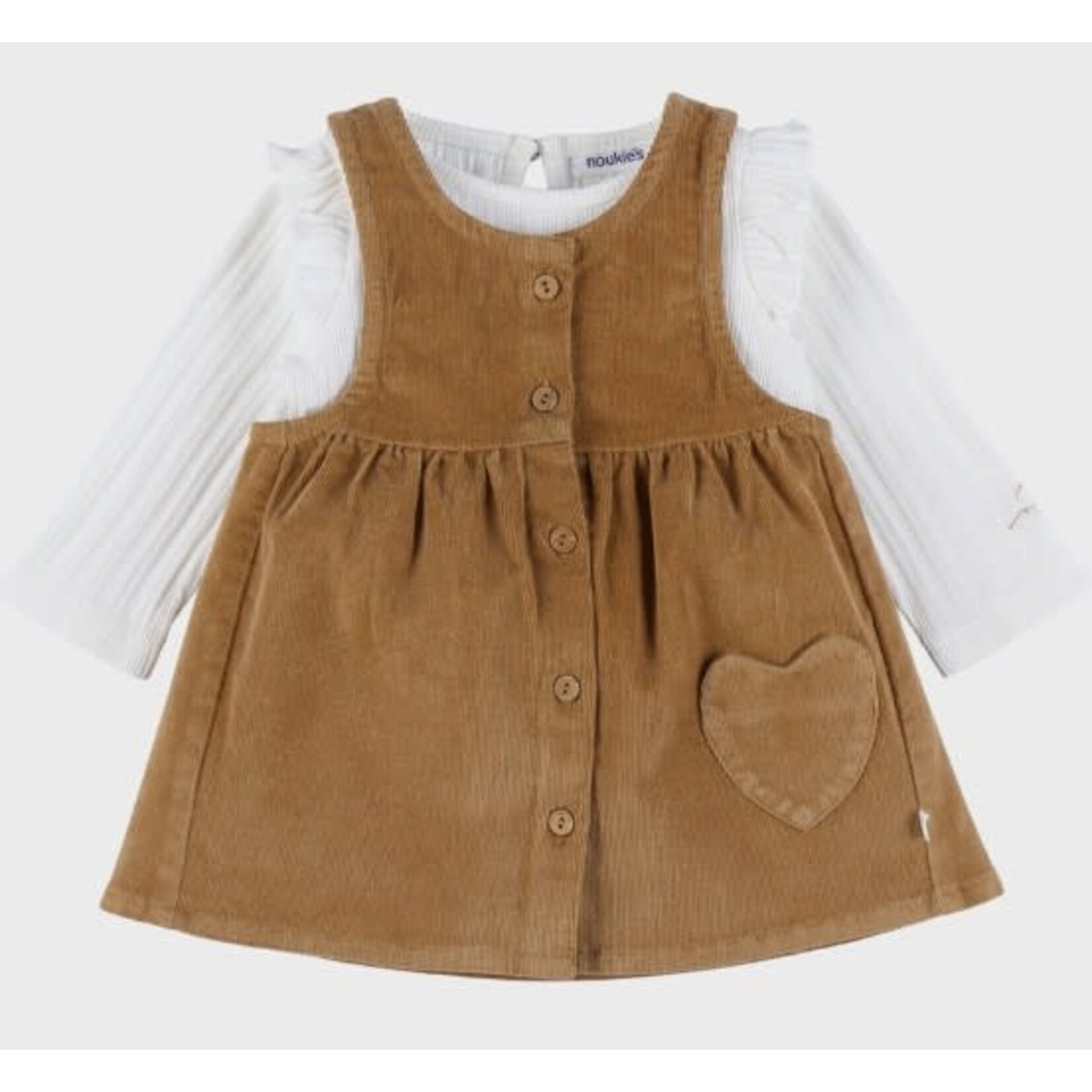 Noukie's Noukie's - Set van bruin corduroy kleedje + wit tshirt