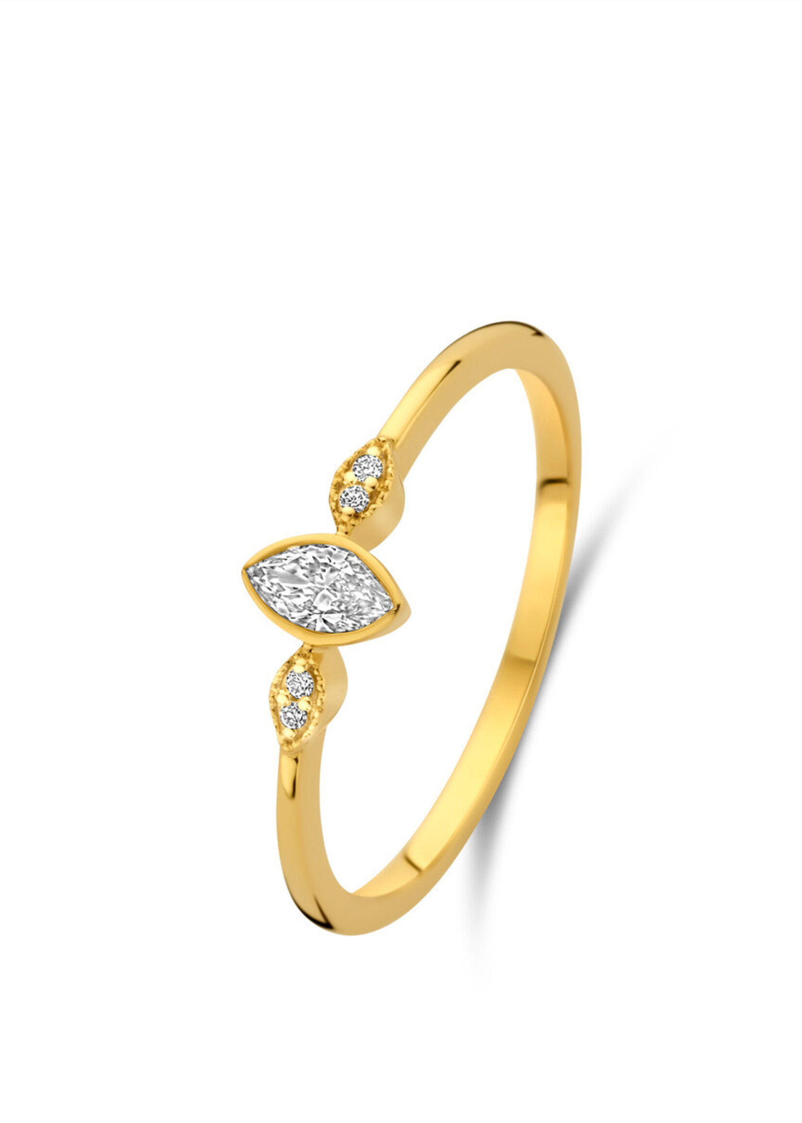 Trilogie ring met centrale marquise geslepen diamant