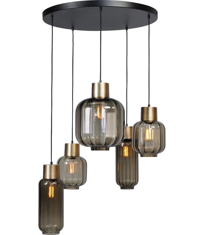 videlamp 5lichts italiaans ribbel smoke glas-50cm-zwart/goud