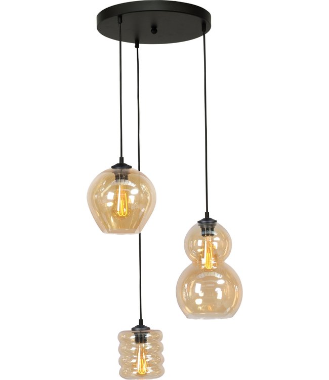 Italiaans glad amberglas 3lichts ongelijk hanglamp -35cm-Zwart