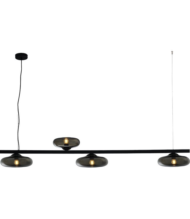 hanglamp 160cm asymmetrisch 4 lichts zwart met rookglas