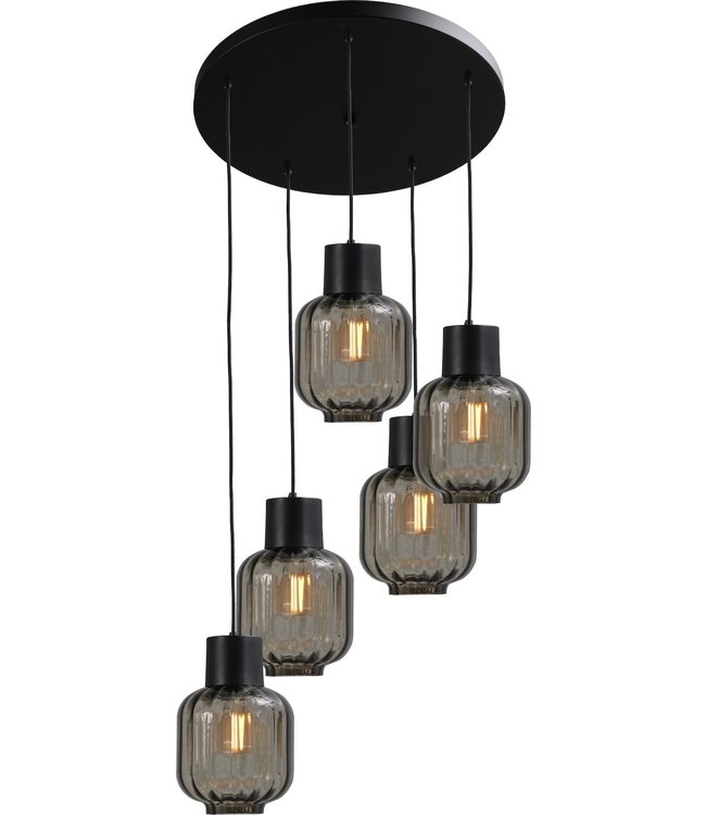 High sealings/vide 5lichts ribbel italiaans smoke glas-50cm-zwart