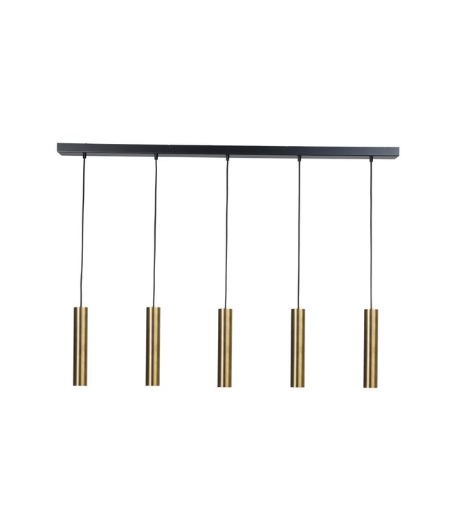 5lichts hanglamp strakke vormgeving-130cm-brass/zwart