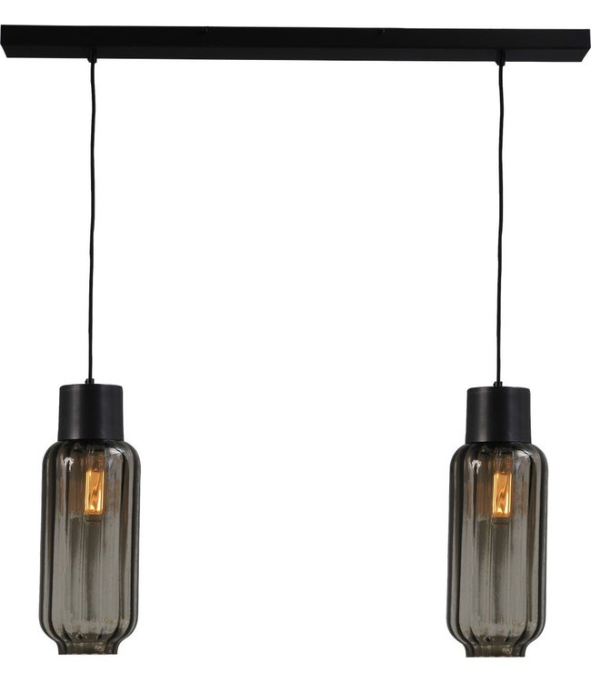 2 Lichts hanglamp met italiaans ribbel rookglas -100cm- zwart