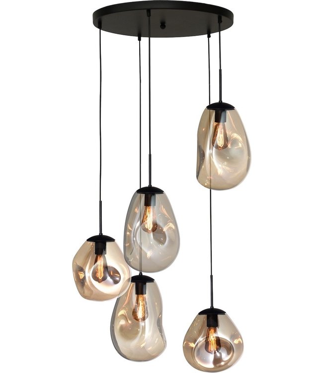 Hanglamp 5lichts -50cm- in een hotelchique stijl met gedeukt glas