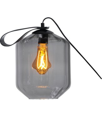 Licht & Accessoires Tafellamp met smoke geribbeld doorzichtig glas met leren handvat -24,5cm- Smoke