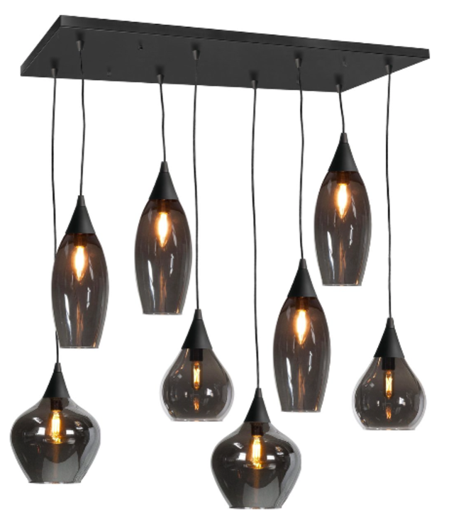 Spiegelglas smoke hanglamp 8lichts -95cm-zwart
