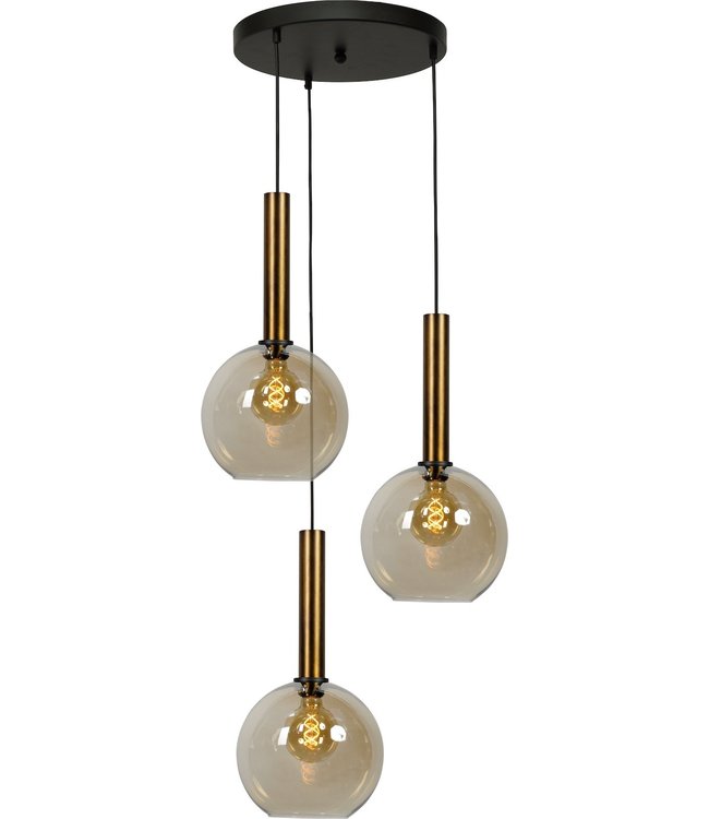 Hanglamp met 3 amber glazen bollen -35cm- Goud