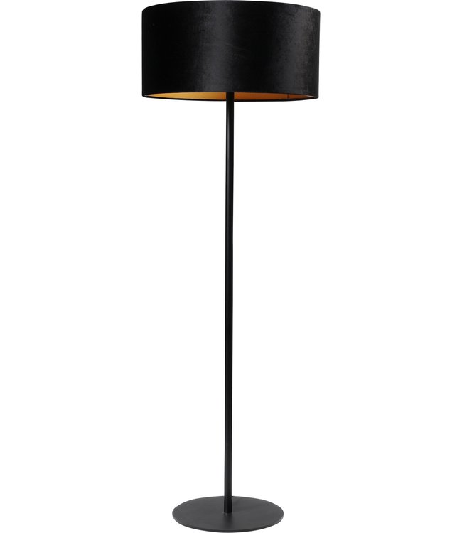 Vloerlamp met velours cilinder kap en ronde voet -153cm- Zwart/goud