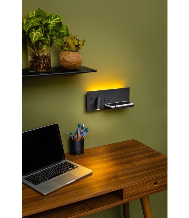 Bedlampje rechts met apart plankje, usb en lampje-zwart