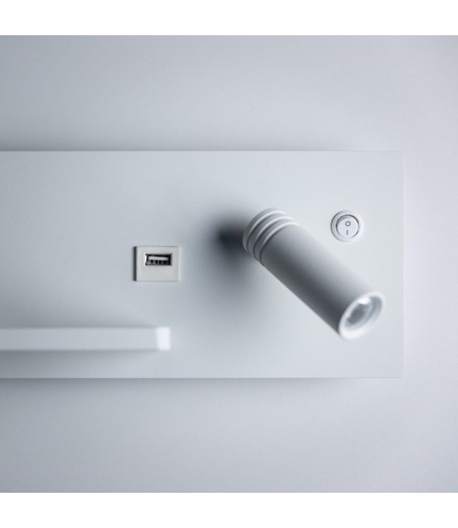 Bedlampje rechts met apart plankje, draadloos+ usb opladen wit