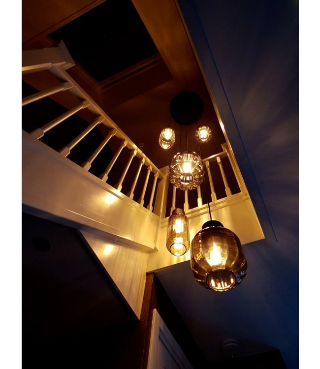 videlamp 5lichts italiaans ribbel smoke glas-50cm-zwart/goud