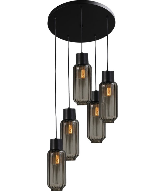 5licht hanglamp ronde plaat met italiaans ribbel rookglas -50cm- Zwart