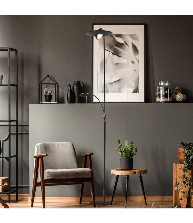 Zwarte uplighter+leesarm dim to warm met kantelbare kap