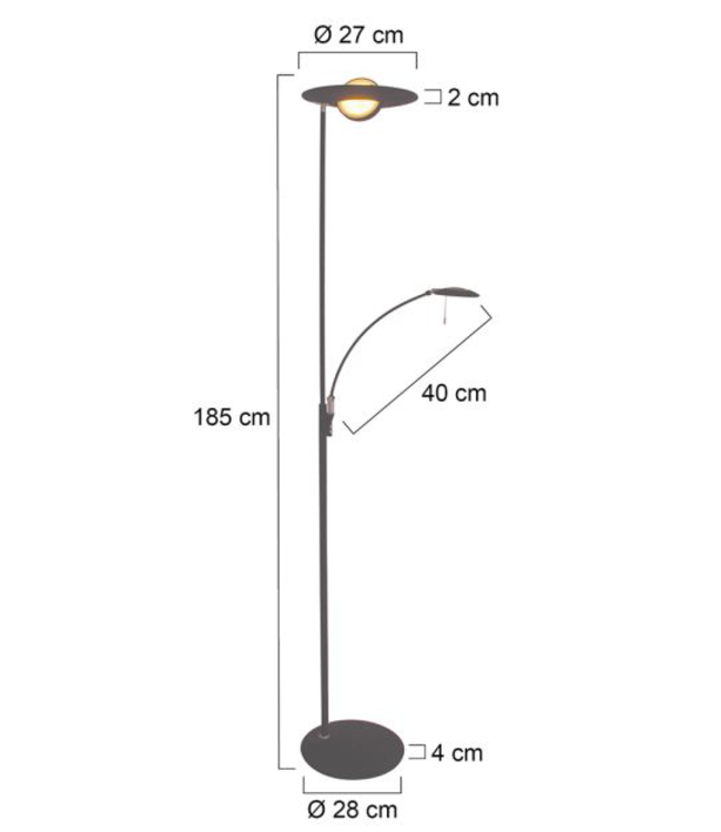 Zwarte uplighter+leesarm dim to warm met kantelbare kap