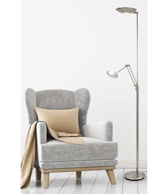 Uplighter 30 W LED + 6 W LED draaibare leesarm Mat Nikkel + dimmers