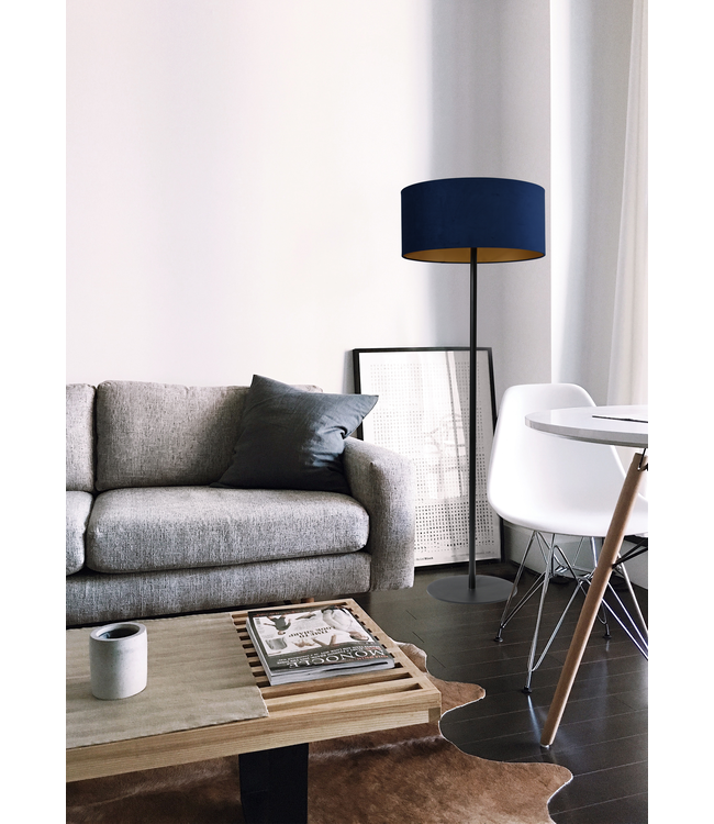 Vloerlamp met velours cilinder kap en ronde voet -153cm- Zwart/goud