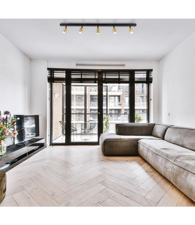 Spot 5lichts spots verstelbaar -130cm- mat Zwart & Goud