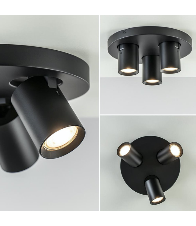 Strakke badkamerspot 3 lichts rond zwart