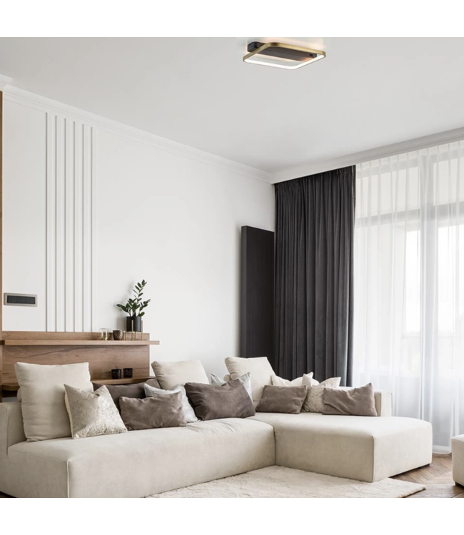 Platte zwarte plafondlamp met 30cm goudkleurige led ring.