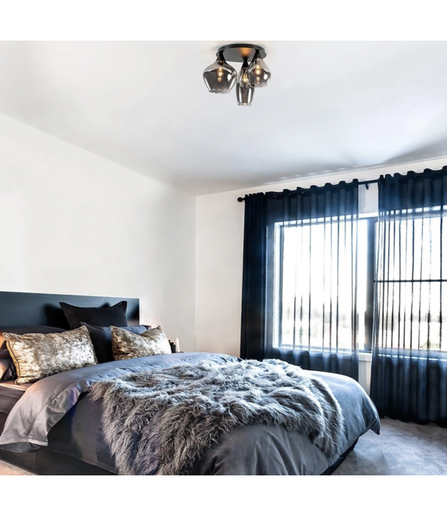 Plafond lamp 3 verschillende glazen-32cm-Zwart/smoke