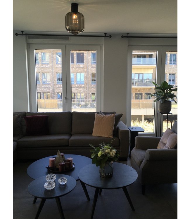 Italiaans glas plafondlamp zwart met rookglas diam 28cm