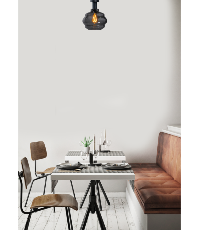Plafondlamp met smoke geribbeld glas -36cm- Zwart