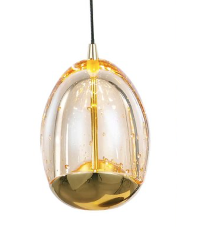 Tafellampje 2 lichts met gebogen zwarte houders en egg glas goud