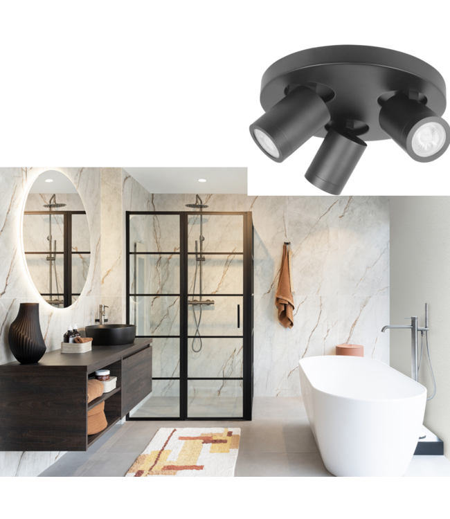 Strakke badkamerspot 3 lichts rond zwart