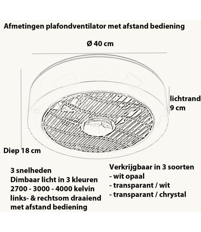 Plafonnière met ventilator met afstandsbediening -38cm-Wit glas