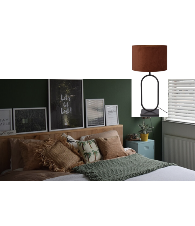 Ovale bedlamp matzwart-h78cm-kap cognac velours -ø35cm - Copy