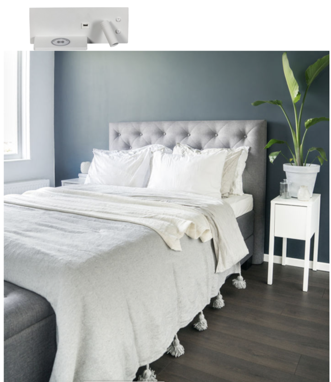 Bedlampje rechts met apart plankje, draadloos+ usb opladen wit