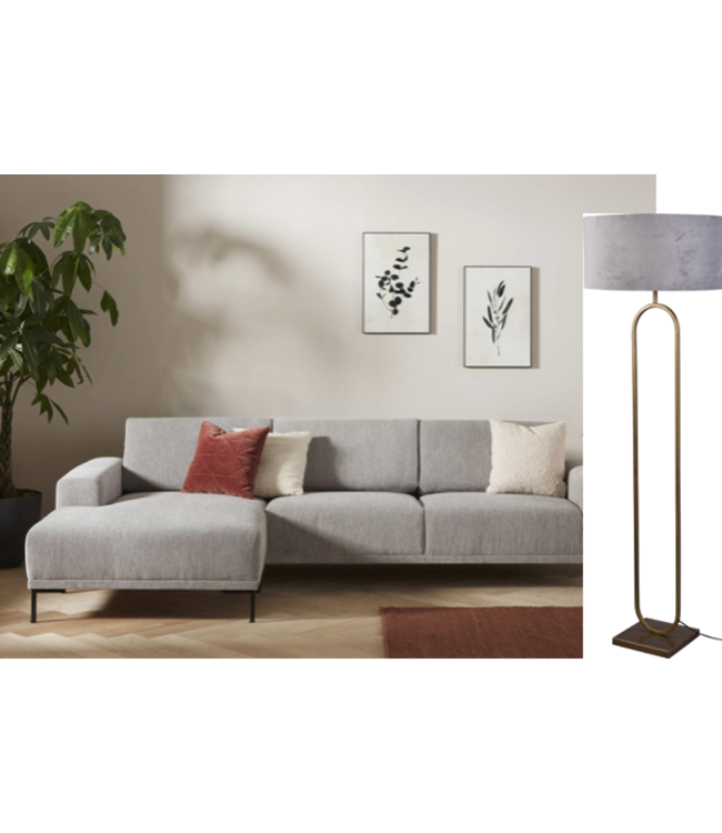 Ovale vloerlamp brass-162-kap grey velours -ø52cm