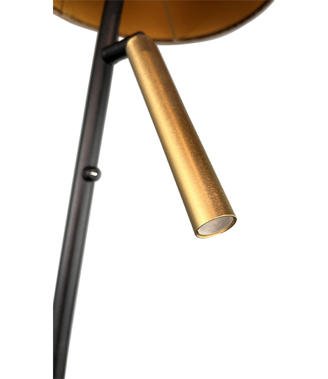 Vloerlamp zwart brass met croco kap gold en dimbare leeslamp