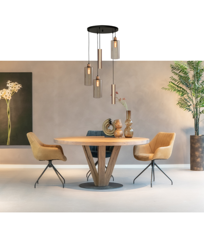 Ronde hanglamp met 3 rechte glazen en 2 spots