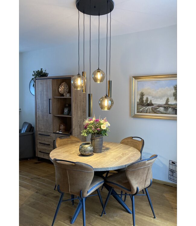 Glad rookglas 6lichts ongelijk hanglamp -50cm- Zwart - Antique brass