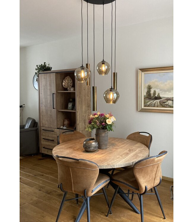 Glad rookglas 6lichts ongelijk hanglamp -50cm- Zwart - Antique brass