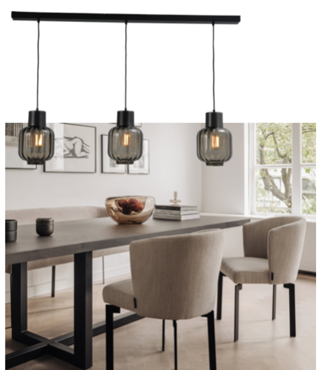 Italiaans rookglas 20cm 3lichts hanglamp-130cm- Zwart