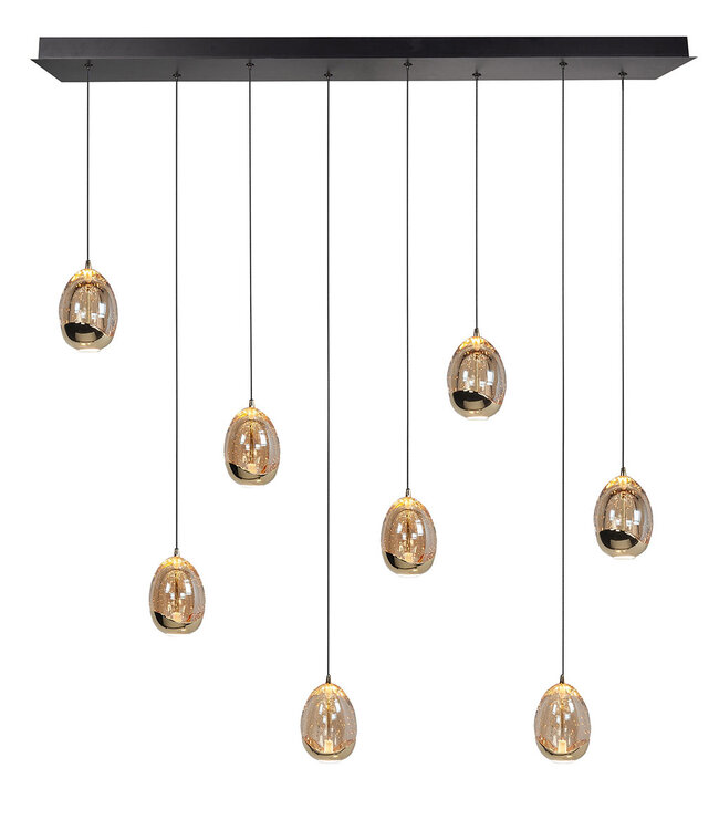 Kookeiland hanglamp amber eivormige 8 lichts hanglamp met messing accenten -115cm