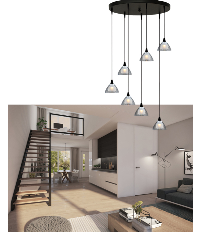 Videlamp rond 7 lichts hanglamp zwart 50cm dubbel Italiaans glas